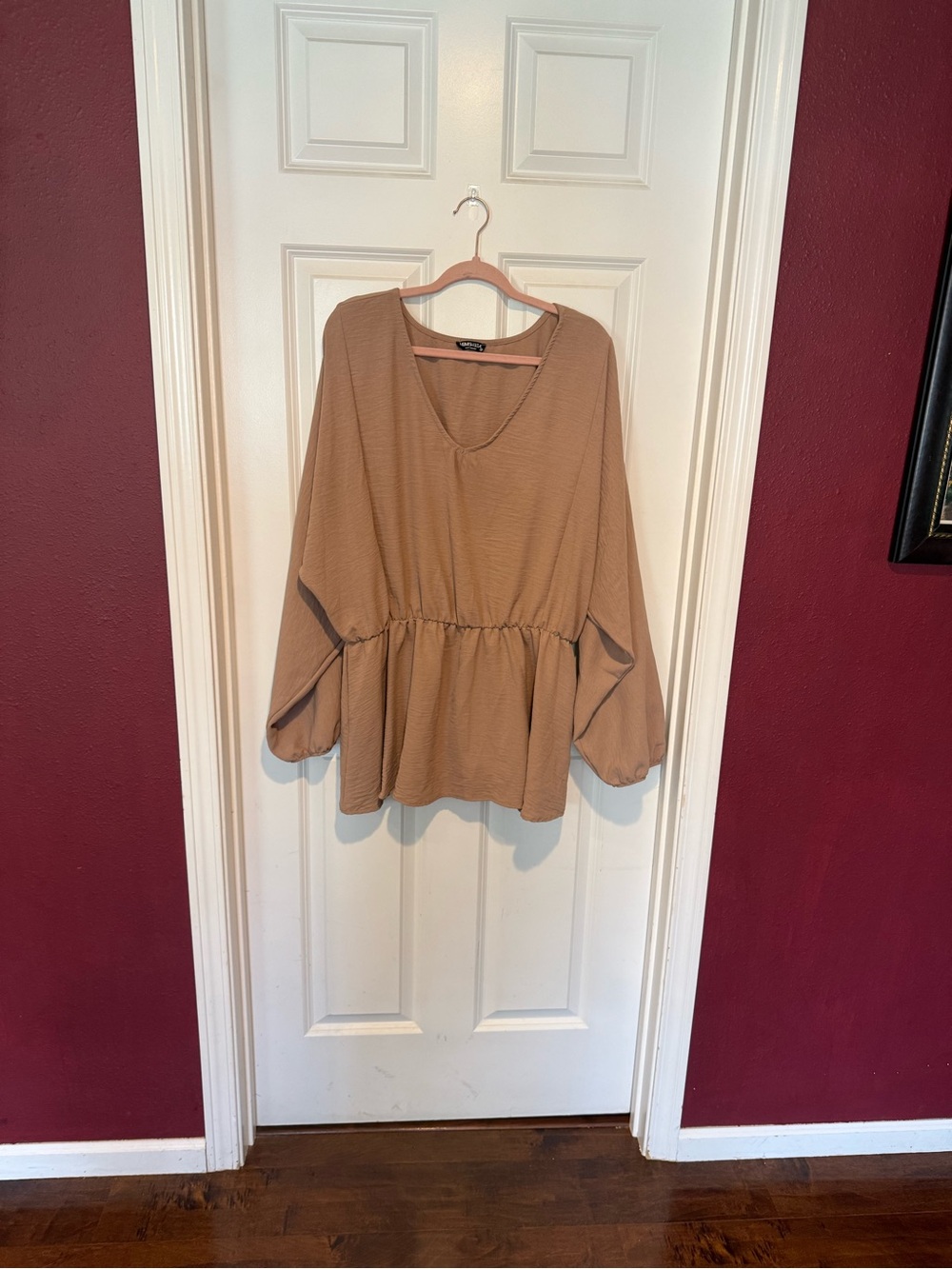 Relaxed V-Neck Peplum Blouse in Camel